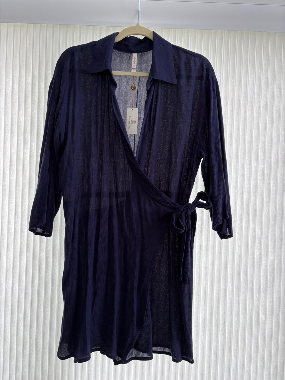 Helen Jon Navy Sheer Wrap Swim Coverup Dress with Collar